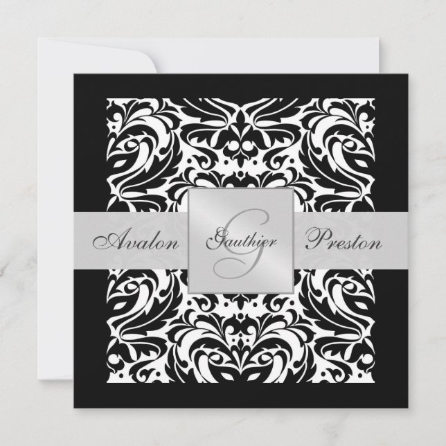 Black & White Monogram Damask Border Invitation (Front)
