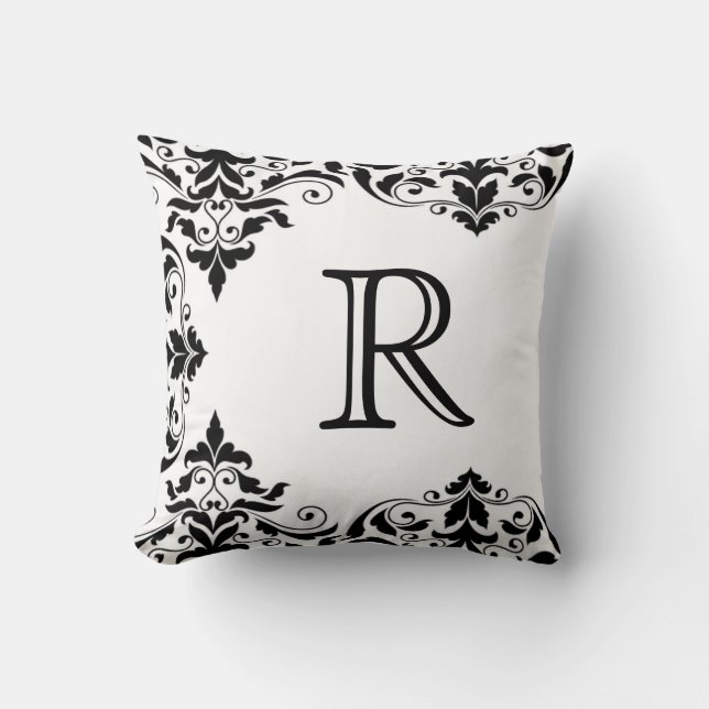 Black & White Monogram Damask Pillow (Front)