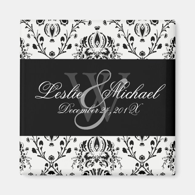 Black + White Monogram Damask Wedding, Magnets (Front)