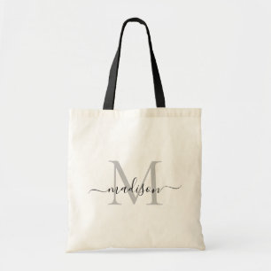 Black White Monogram Elegant Modern Script Name Tote Bag