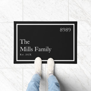 Black White Monogram Family Name House Number Doormat