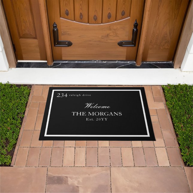 Black White Monogram Family Name House Number Doormat (Outdoor)