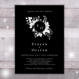 Black White Monogram Floral Crest Elegant Wedding Invitation