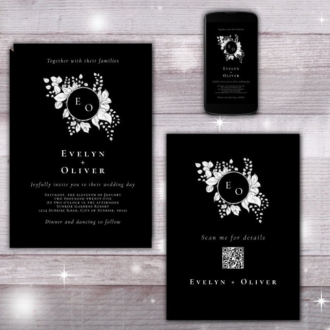 Black White Monogram Floral QRCode Elegant Wedding Invitation (Creator Uploaded)