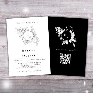 Black White Monogram Floral QRCode Elegant Wedding Invitation