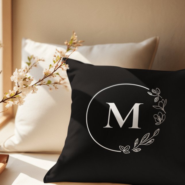 Black White Monogram Floral wreath personalised Cushion (Modern, timeless personalized monogram black and white accent pillow.)
