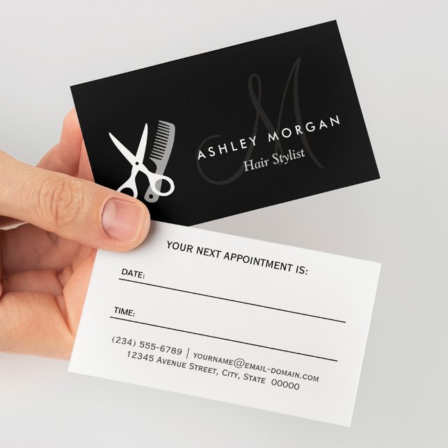 Black White Monogram Hairstylist Appointment Card (Creator Uploaded)