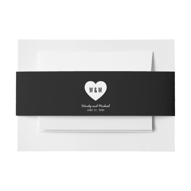 Black & White Monogram Heart Wedding Invitation Belly Band (Front Example)