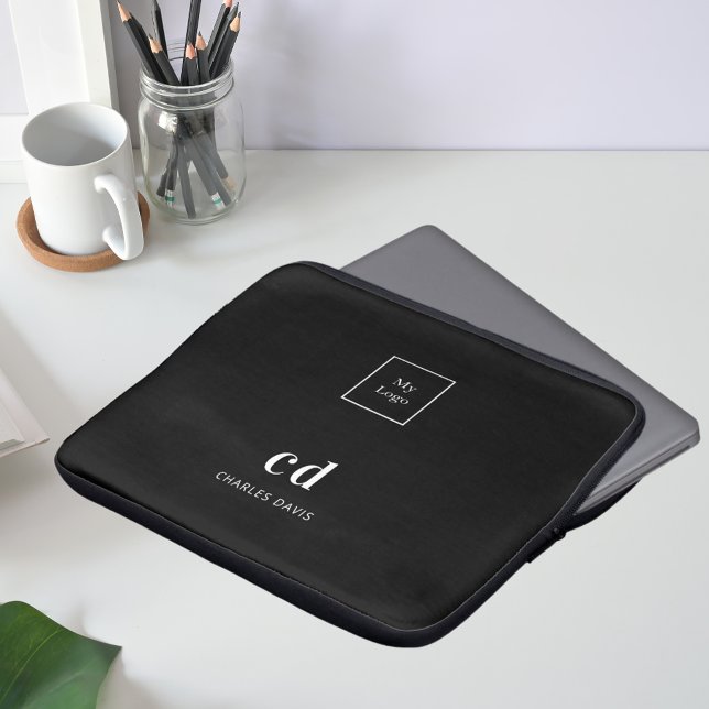 Black white monogram initails name business logo laptop sleeve (Creator Uploaded)