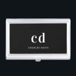Black white monogram initails name minimalist business card holder<br><div class="desc">A classic chic black background. Personalise and add your monogram initials written with white block letters and your name in white. Modern,  trendy and simple.</div>