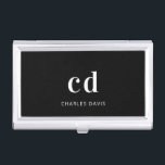 Black white monogram initails name minimalist business card holder<br><div class="desc">A classic chic black background. Personalise and add your monogram initials written with white block letters and your name in white. Modern,  trendy and simple.</div>