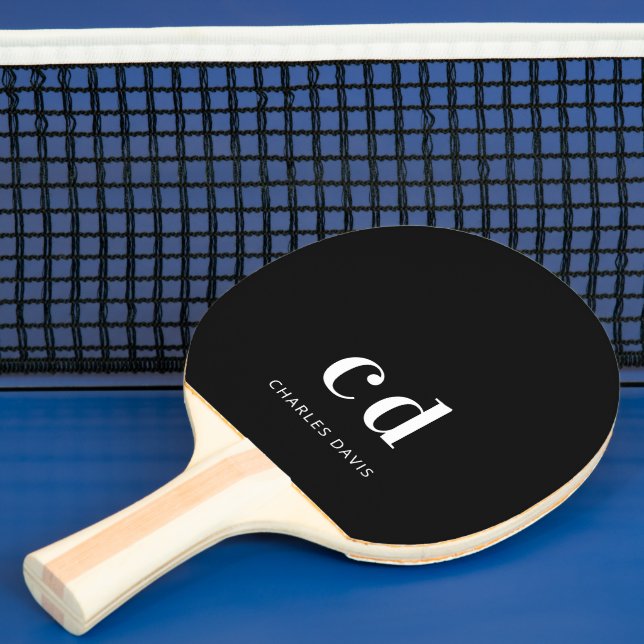 Black white monogram initails name minimalist ping pong paddle (Insitu)