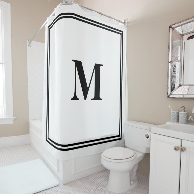 Black White Monogram Initial Custom Name Striped Shower Curtain (In Situ)