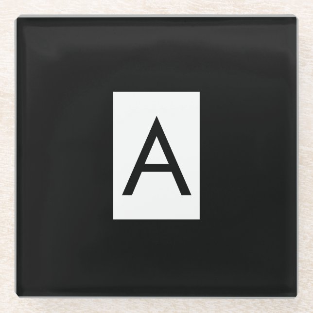 Black White Monogram Initial Letter Modern Plain Glass Coaster (Front)