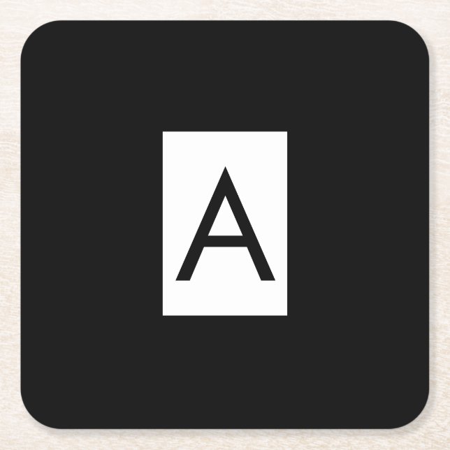 Black White Monogram Initial Letter Modern Plain Square Paper Coaster (Front)