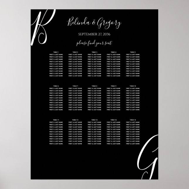 Black White Monogram Initial Wedding Seating Chart (Front)