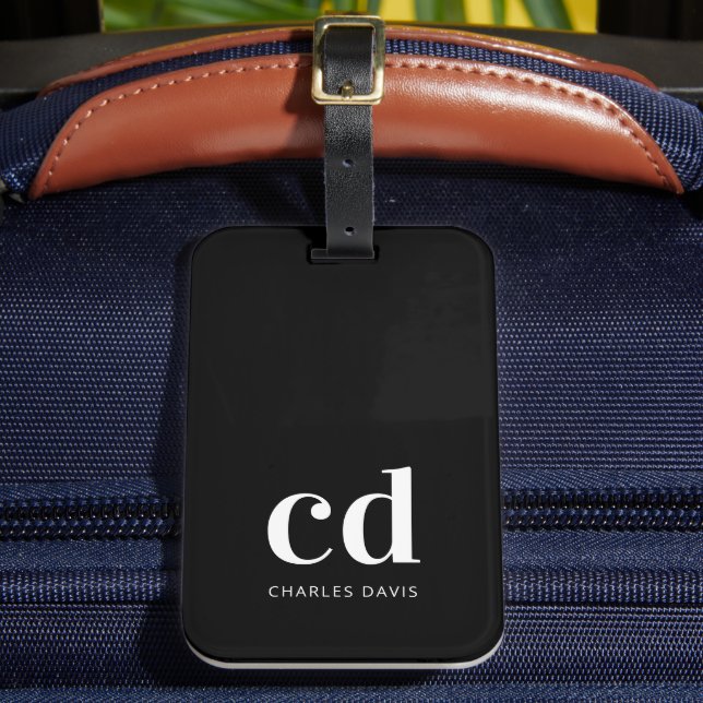 Black white monogram initials elegant modern luggage tag (Front Insitu 2)
