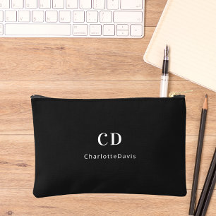 Black white monogram initials name accessory pouch