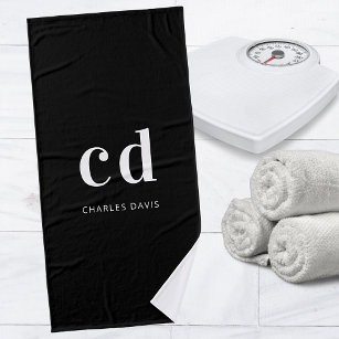 Black white monogram initials name minimalist bath towel