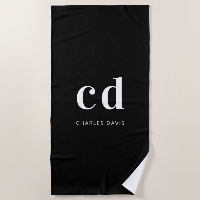 Black white monogram initials name minimalist beach towel (Front)