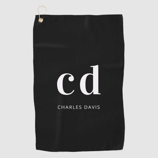 Black white monogram initials name minimalist golf towel (Front)