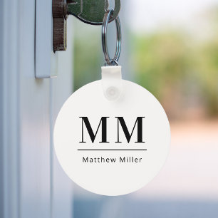 Black white monogram initials name minimalist  key ring