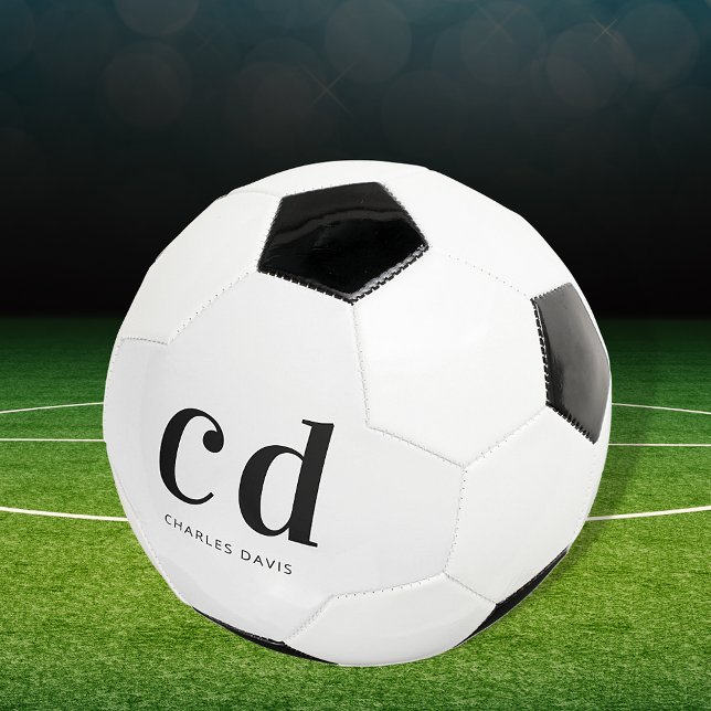 Black white monogram initials name minimalist  soccer ball (Creator Uploaded)