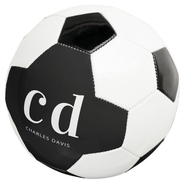 Black white monogram initials name minimalist soccer ball (Three Quarter)