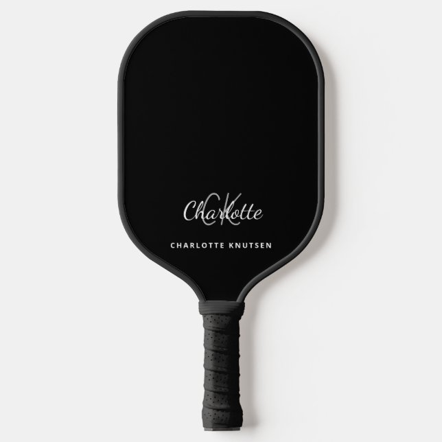 Black white monogram initials name pickleball paddle (Front)
