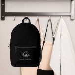 Black white monogram initials name printed backpack<br><div class="desc">Black background,  white and grey text. Personalise and add your first name,  monogram initials and full name.</div>