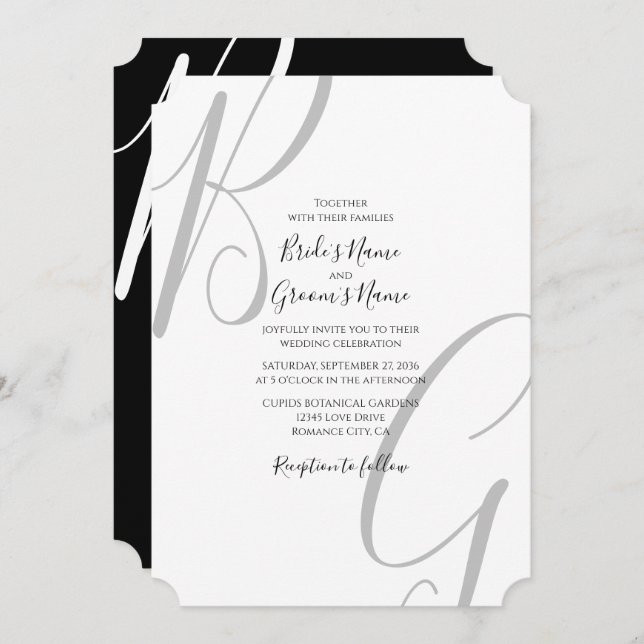 Black & White Monogram Initials Wedding Invitation (Front/Back)