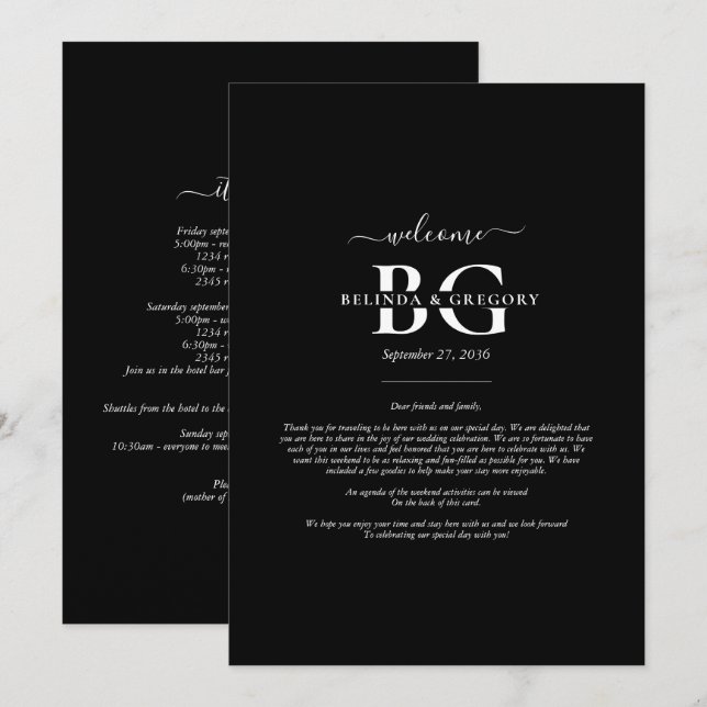 Black White Monogram Initials Wedding  Itinerary Programme (Front/Back)