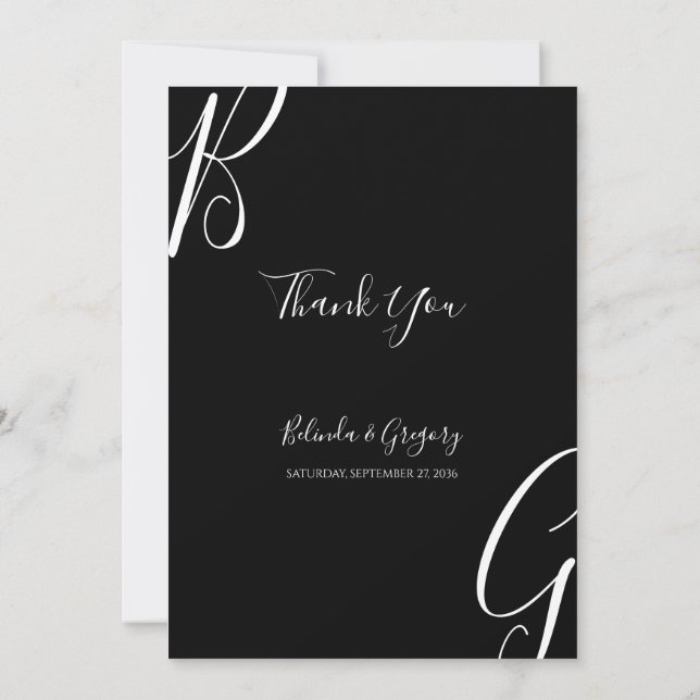 Black & White Monogram Initials Wedding Thank You Card (Back)