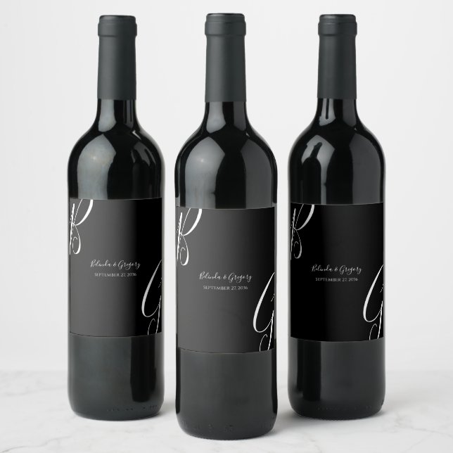 Black & White Monogram Initials Wedding  Wine Label (Bottles)