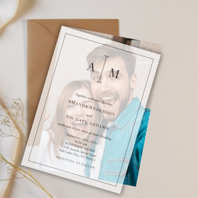 Black White Monogram Minimal Simple Border Wedding Vellum Invitations (Creator Uploaded)