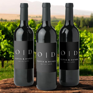 Black White Monogram Minimalist Wedding  Wine Label