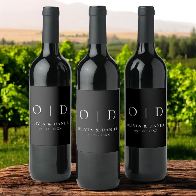 Black White Monogram Minimalist Wedding  Wine Label (Creator Uploaded)