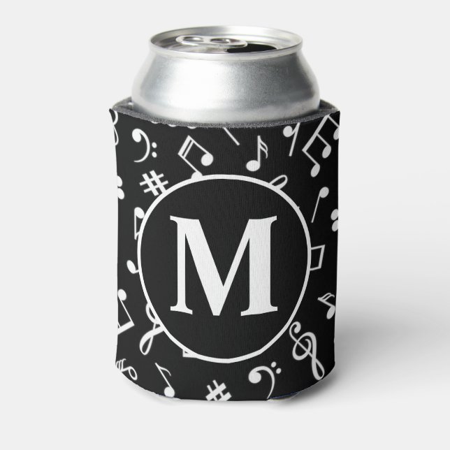 Black & White Monogram Music Note  Can Cooler (Can Back)