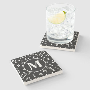 Black & White Monogram Music Note Stone Coaster