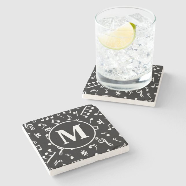 Black & White Monogram Music Note Stone Coaster (Side)