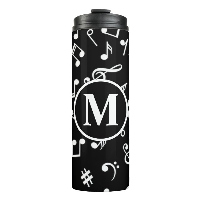 Black & White Monogram Music Note Thermal Tumbler (Front)