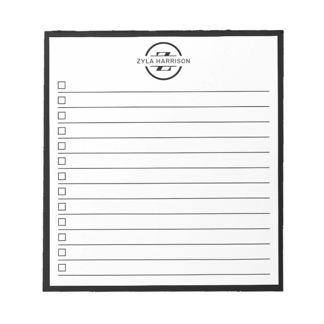 Black White Monogram Name Checklist 5.5" x 6" Notepad (Front)