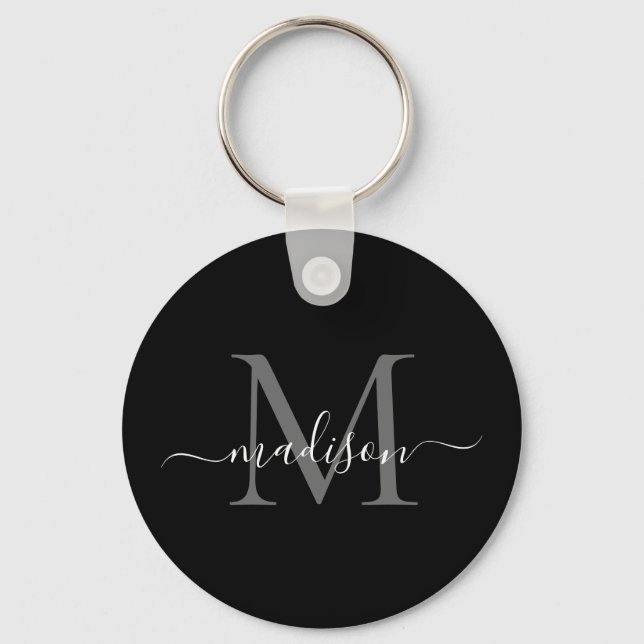 Black White Monogram Name Elegant Modern Script Key Ring (Front)