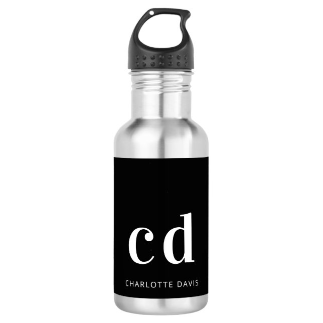 Black white monogram name modern minimalist 532 ml water bottle (Front)