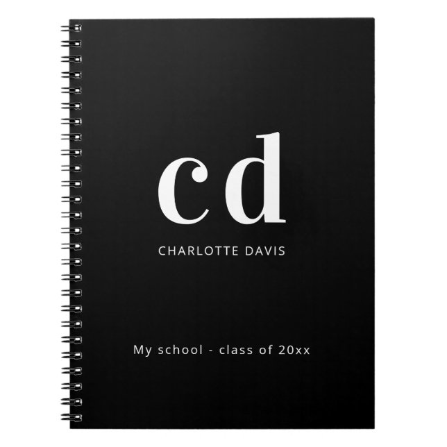 Black white monogram name modern minimalist notebook (Front)