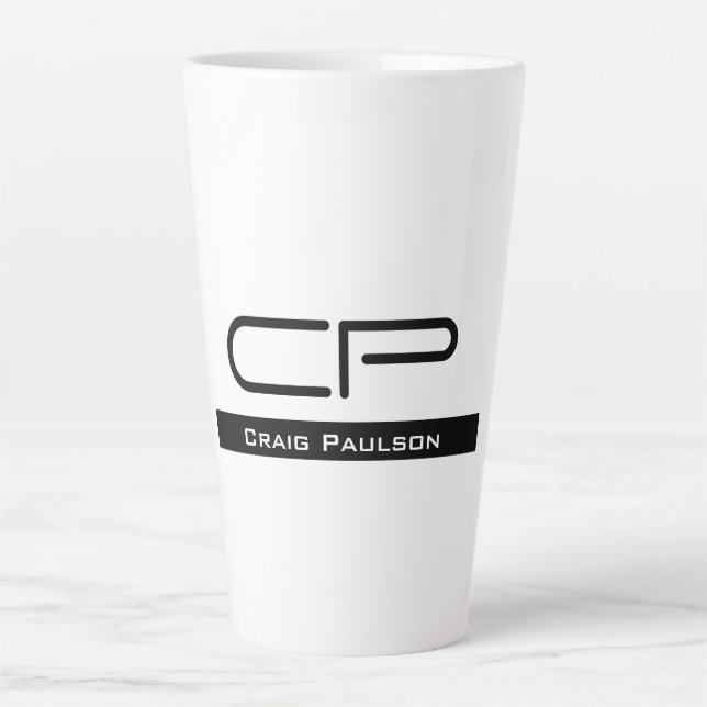 Black White Monogram Name Modern Plain Simple Latte Mug (Front)