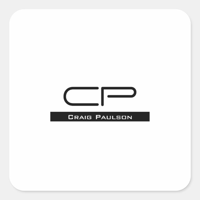 Black White Monogram Name Modern Plain Simple Square Sticker (Front)