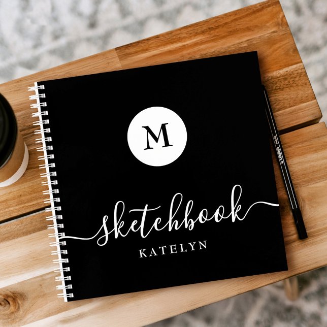 Black White Monogram Name Simple Modern Sketchbook Notebook (Creator Uploaded)