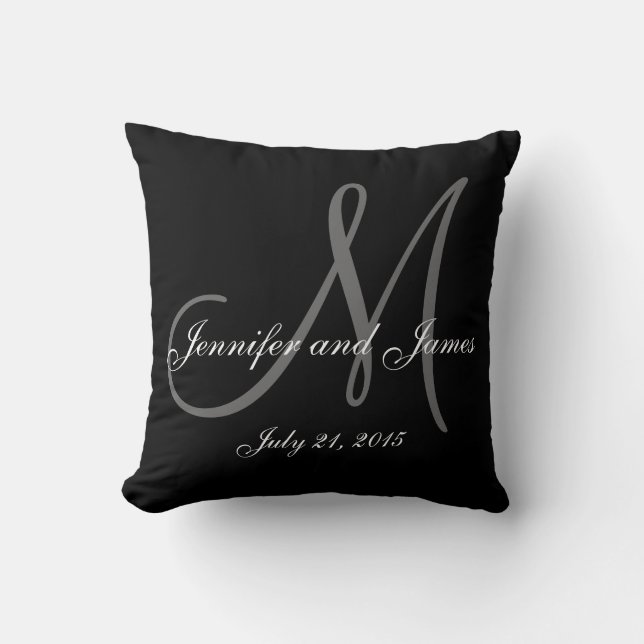 Black White Monogram Names Wedding Keepsake Pillow (Front)