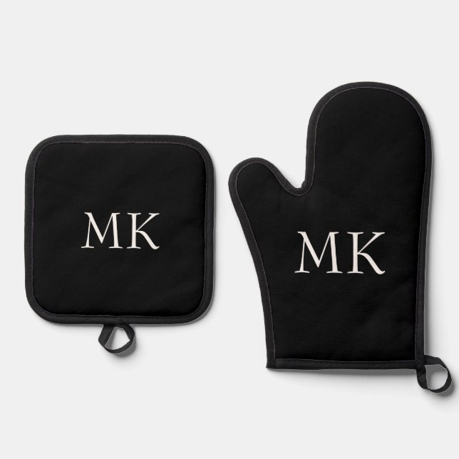 Black White Monogram  Oven Mitt & Pot Holder Set (Front)